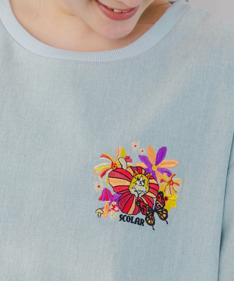 ぷりぷりキノコとネコ花刺繍 デニムTシャツ-6