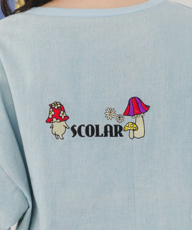 ぷりぷりキノコとネコ花刺繍 デニムTシャツ-7