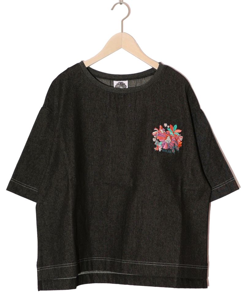 ぷりぷりキノコとネコ花刺繍 デニムTシャツ-8