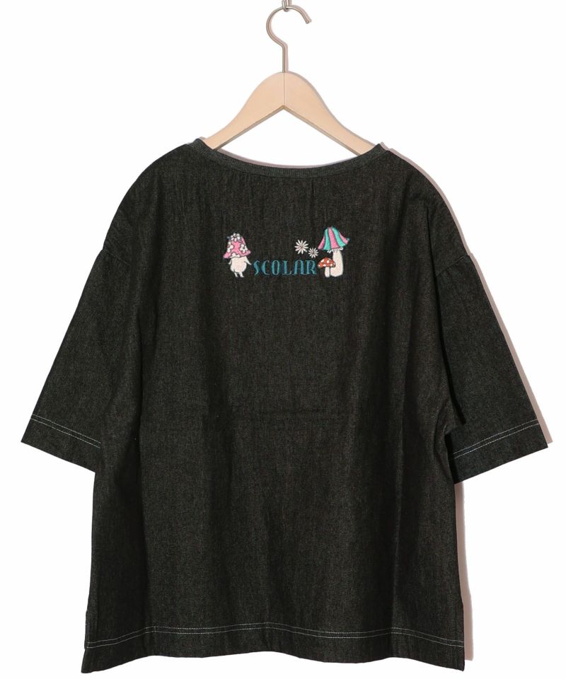 ぷりぷりキノコとネコ花刺繍 デニムTシャツ-9