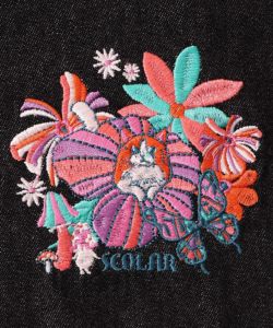 ぷりぷりキノコとネコ花刺繍 デニムTシャツ-10