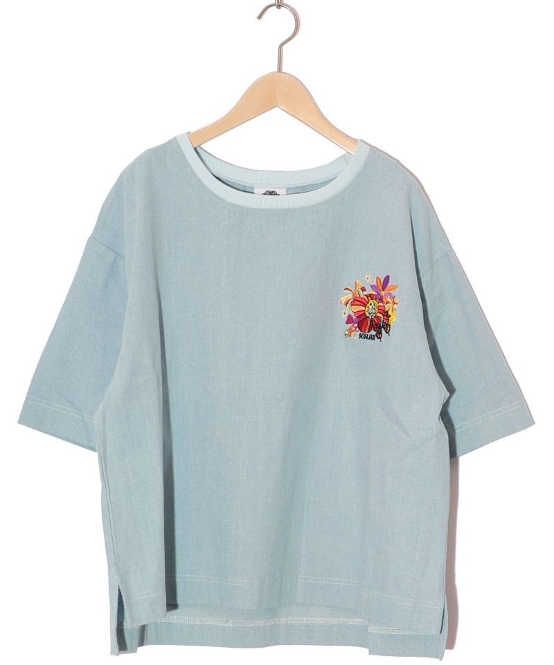 ぷりぷりキノコとネコ花刺繍 デニムTシャツ-11