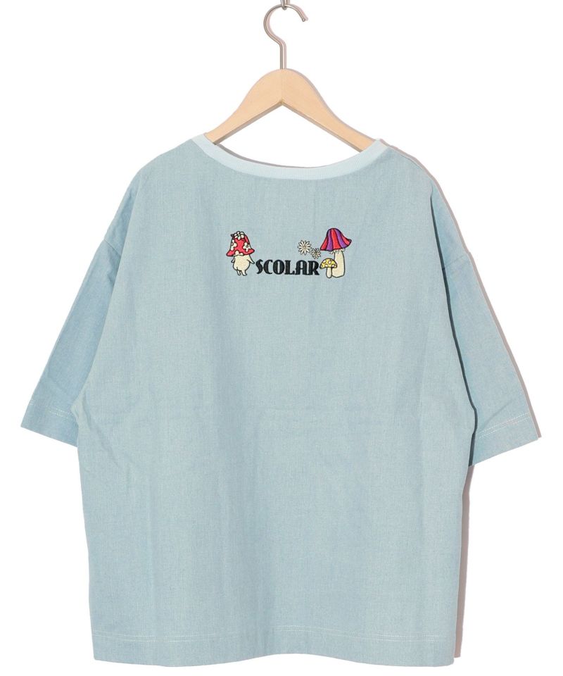 ぷりぷりキノコとネコ花刺繍 デニムTシャツ-12