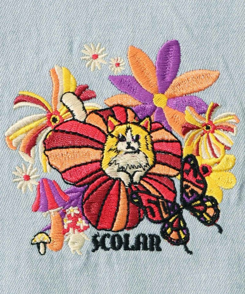 ぷりぷりキノコとネコ花刺繍 デニムTシャツ-13