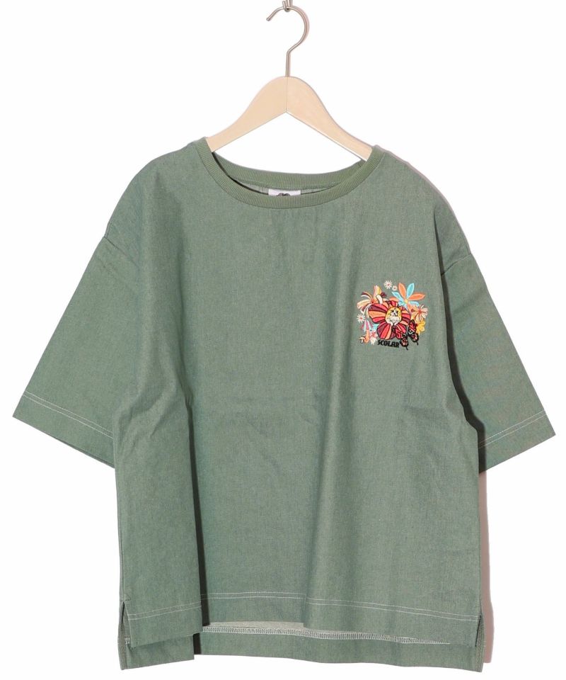 ぷりぷりキノコとネコ花刺繍 デニムTシャツ-14