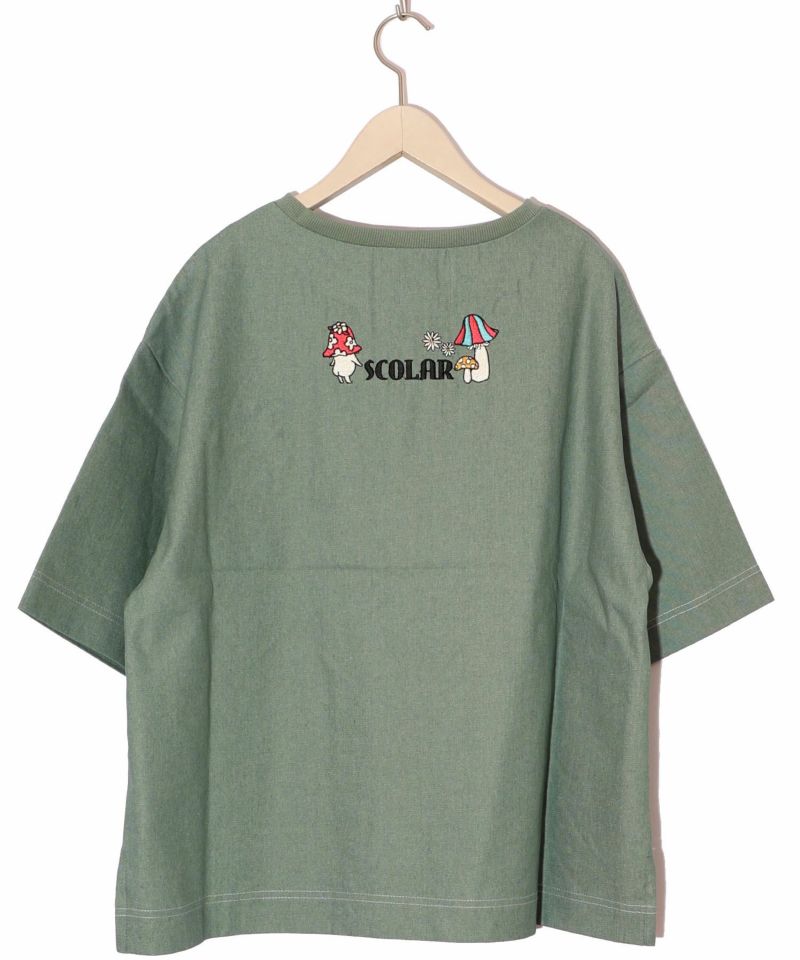 151687：ぷりぷりキノコとネコ花刺繍 デニムTシャツの通販-ScoLar