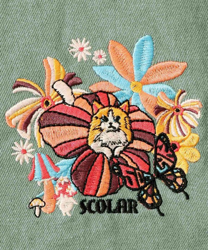 ぷりぷりキノコとネコ花刺繍 デニムTシャツ-16