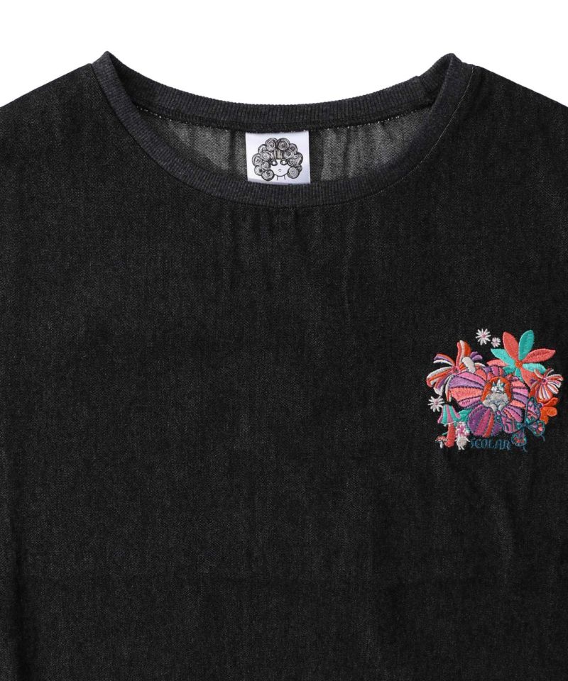 ぷりぷりキノコとネコ花刺繍 デニムTシャツ-17