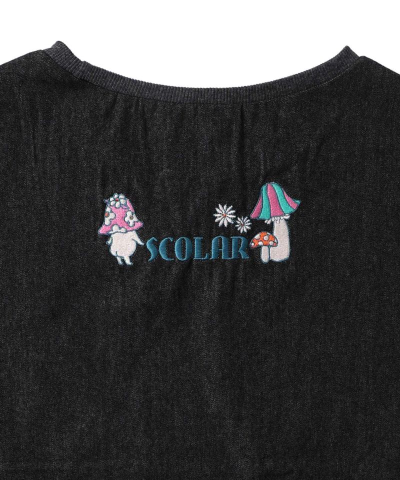 ぷりぷりキノコとネコ花刺繍 デニムTシャツ-18