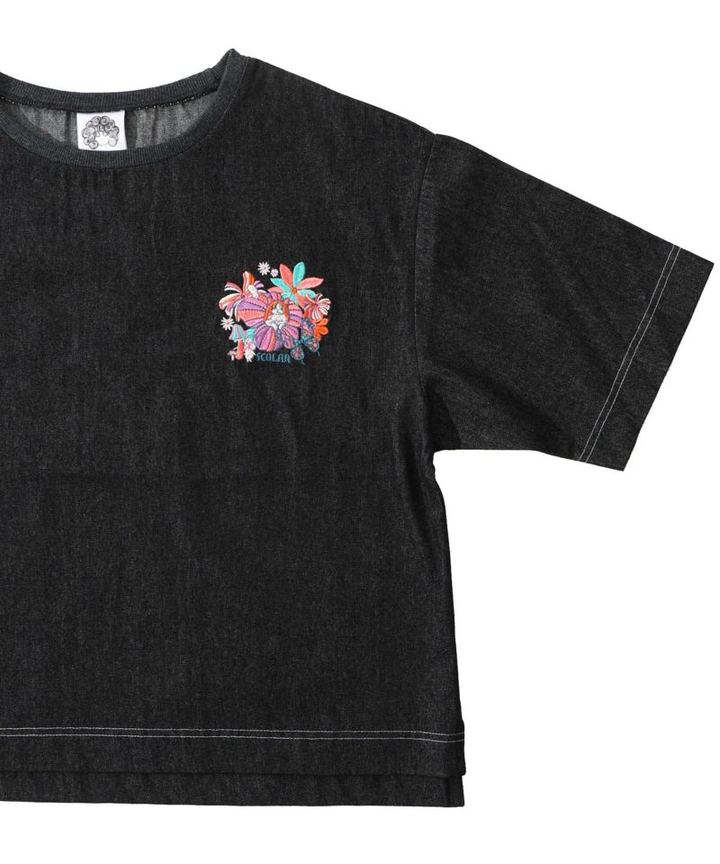 ぷりぷりキノコとネコ花刺繍 デニムTシャツ-20