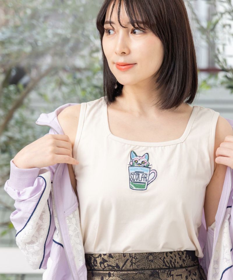 ネコ・ラビル・スカラー刺繍 クリアポーチ付きタンクトップ-12