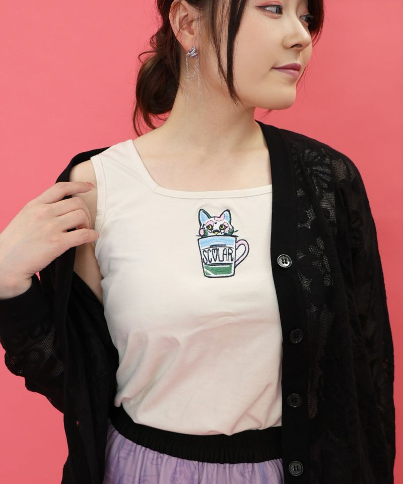 ネコ・ラビル・スカラー刺繍 クリアポーチ付きタンクトップ-15