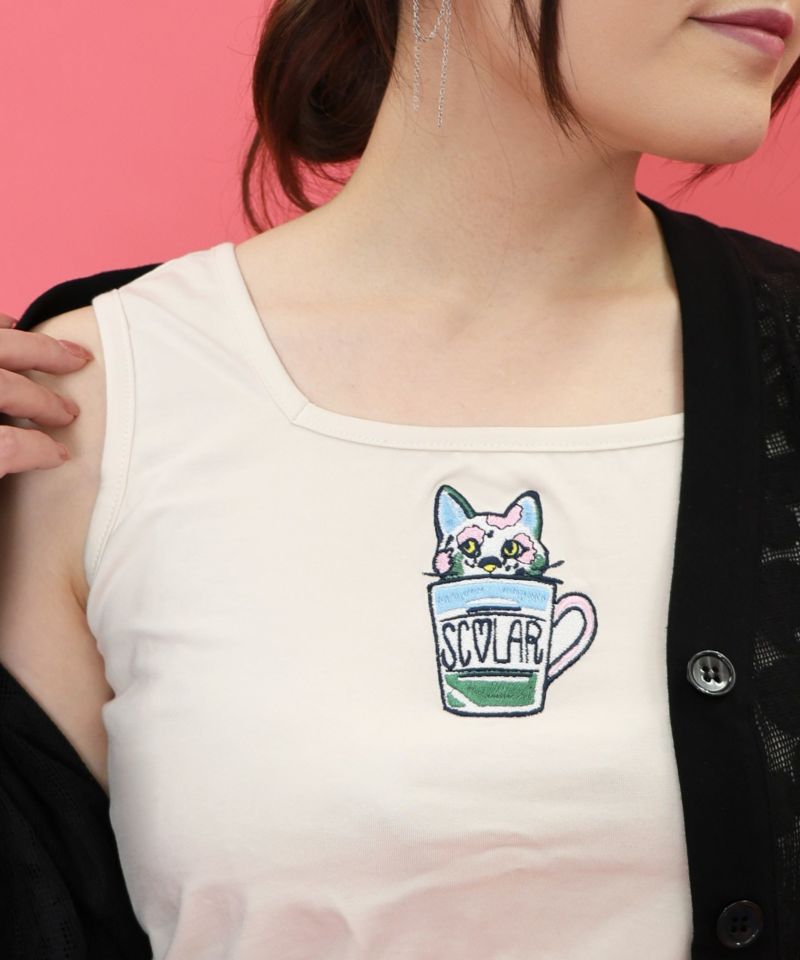 ネコ・ラビル・スカラー刺繍 クリアポーチ付きタンクトップ-17
