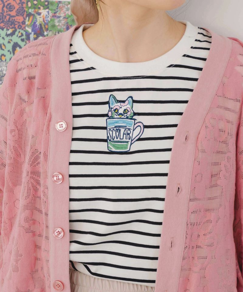 ラビル・ネコ・スカラー刺繍 クリアポーチ付Tシャツ-15