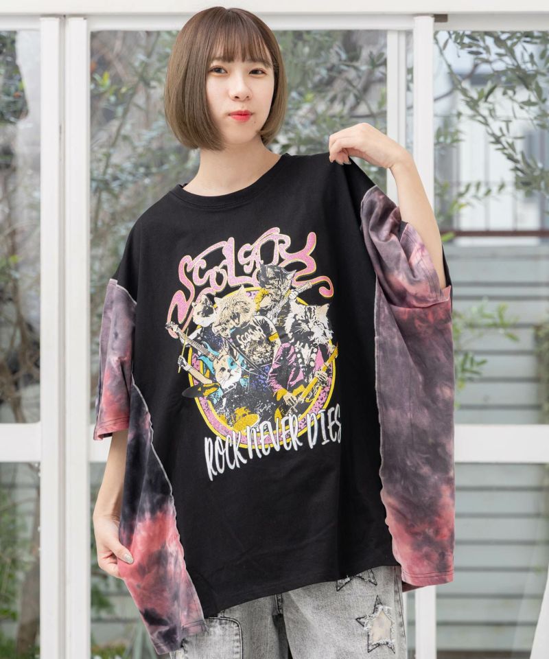 ロックなキャッツ柄 ムラ染め切替BIG-T-1