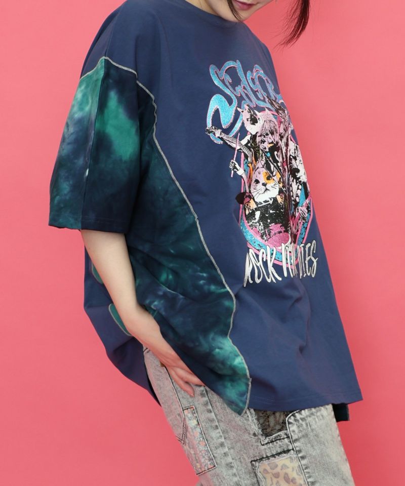 ScoLar　ロックなキャッツ柄 ムラ染め切替BIG-T　ブラック スカラー ScoLar ロックなキャッツ柄 ムラ染め切替BIG-T