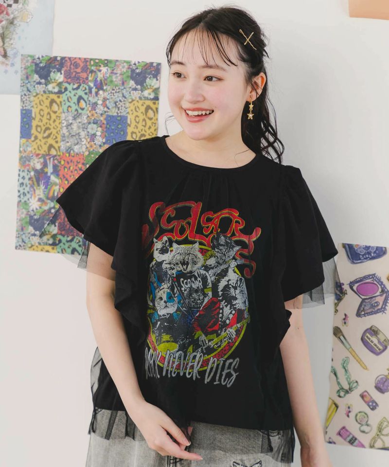 ロックなキャッツ柄 チュール重ねTシャツ-1