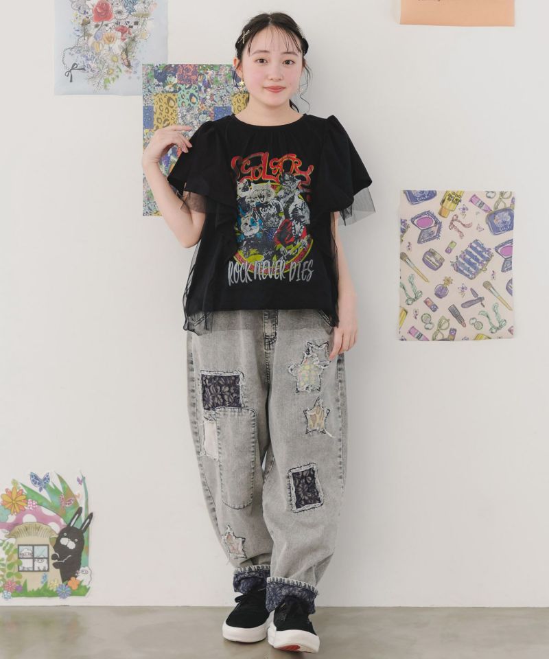 ロックなキャッツ柄 チュール重ねTシャツ-2