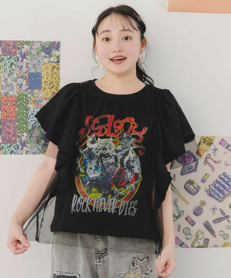 ロックなキャッツ柄 チュール重ねTシャツ-3
