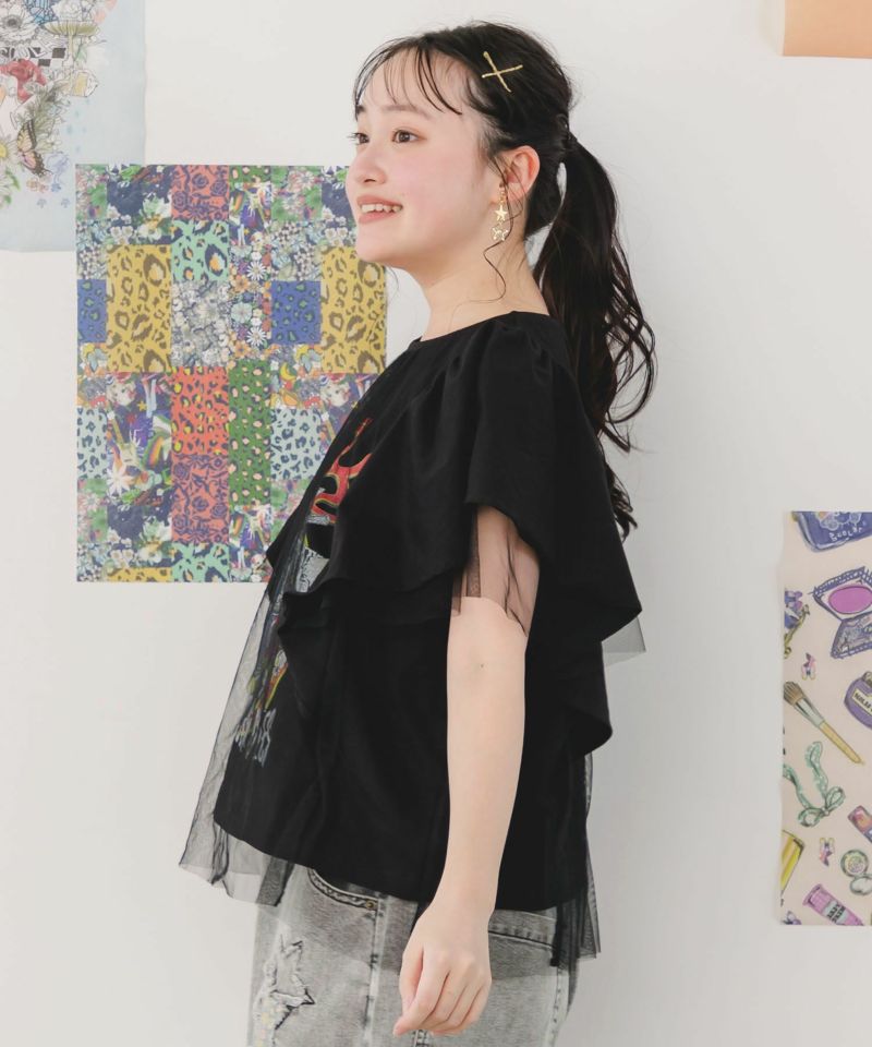 ロックなキャッツ柄 チュール重ねTシャツ-4