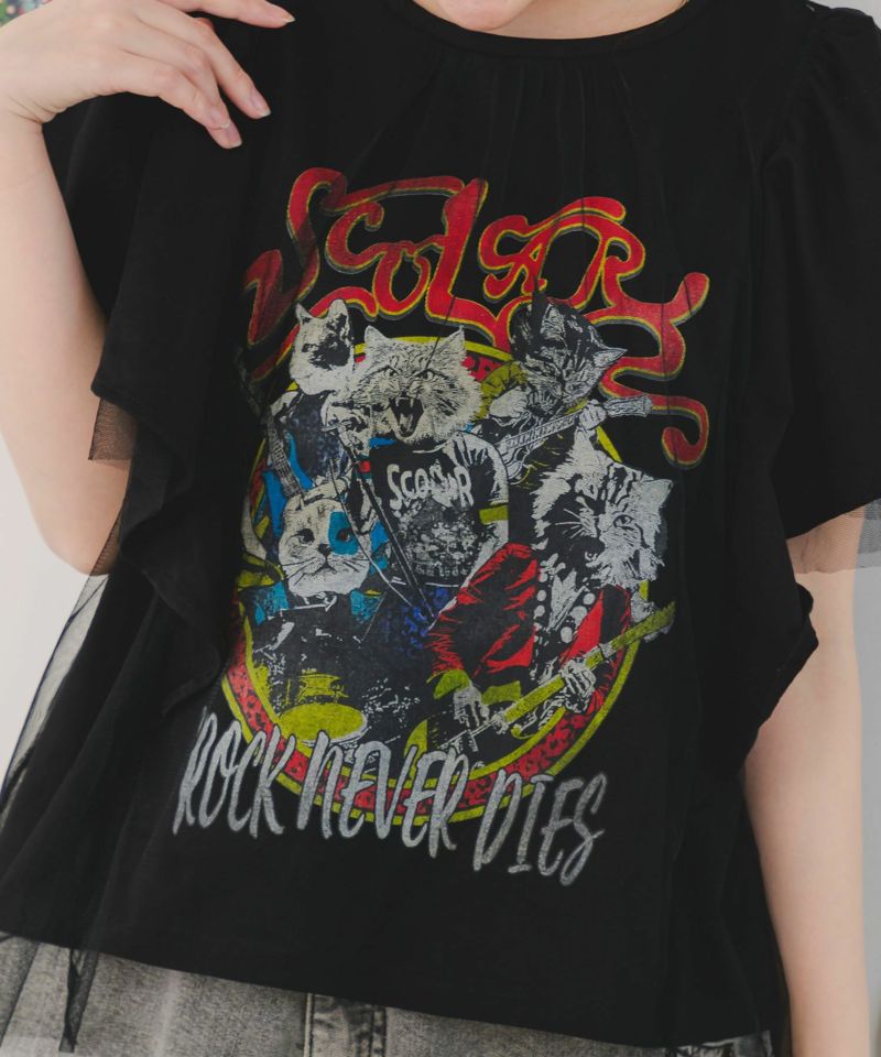 ロックなキャッツ柄 チュール重ねTシャツ-6