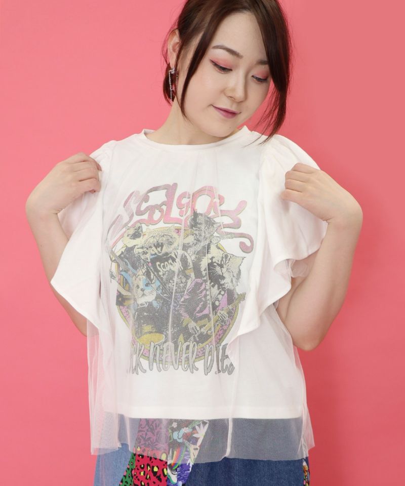 ロックなキャッツ柄 チュール重ねTシャツ-15
