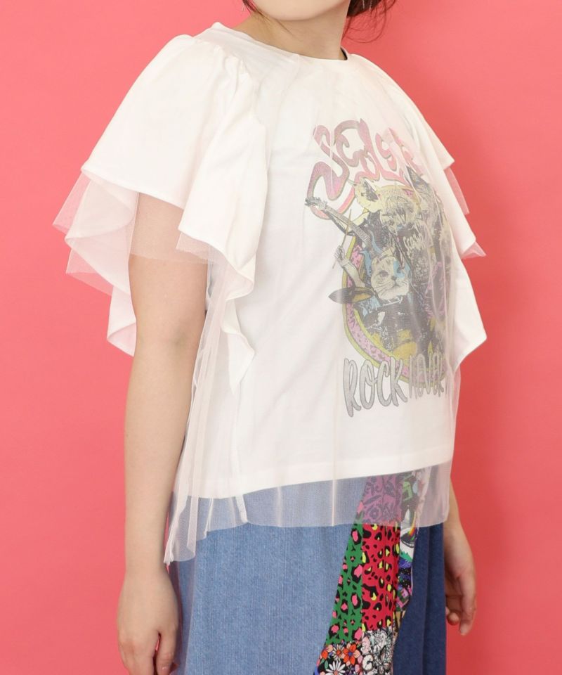 ロックなキャッツ柄 チュール重ねTシャツ-16