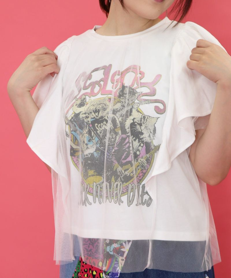 ロックなキャッツ柄 チュール重ねTシャツ-18