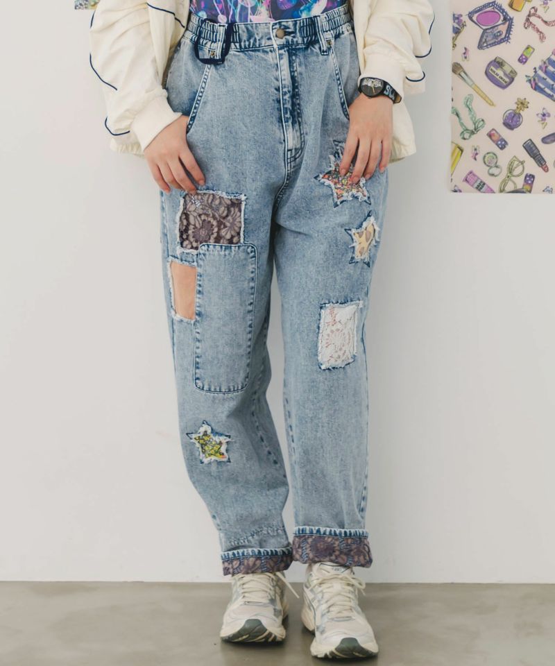 星花アップリケ ブリーチ加工デニムパンツ-1