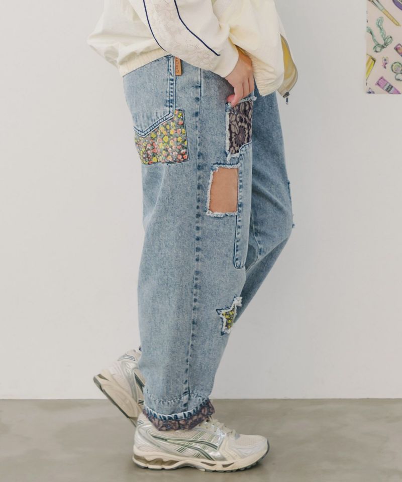 星花アップリケ ブリーチ加工デニムパンツ-3