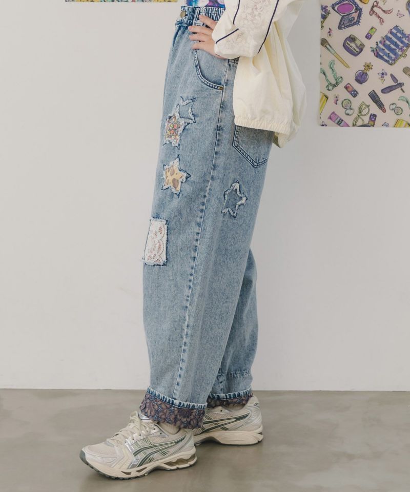 星花アップリケ ブリーチ加工デニムパンツ-5