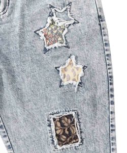 星花アップリケ ブリーチ加工デニムパンツ-12