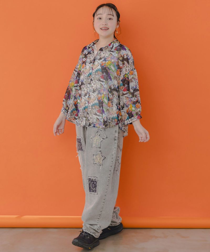星花アップリケ ブリーチ加工デニムパンツ-15