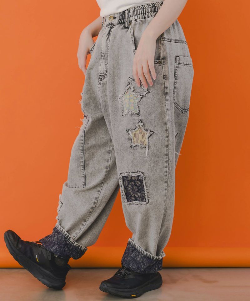 星花アップリケ ブリーチ加工デニムパンツ-16
