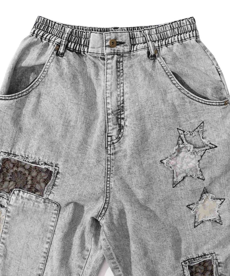 星花アップリケ ブリーチ加工デニムパンツ-21