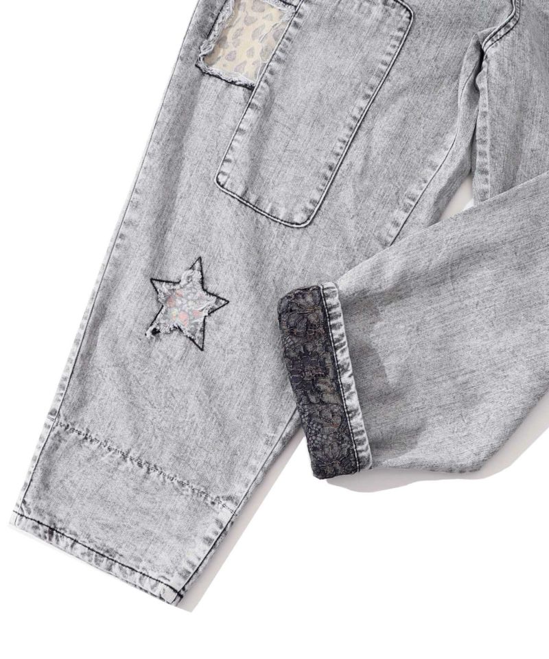 星花アップリケ ブリーチ加工デニムパンツ-23