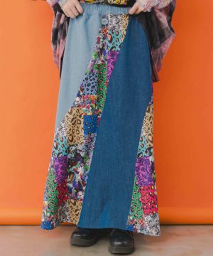 花・ヒョウパッチワーク風 2柄展開 デニム切替スカート-1