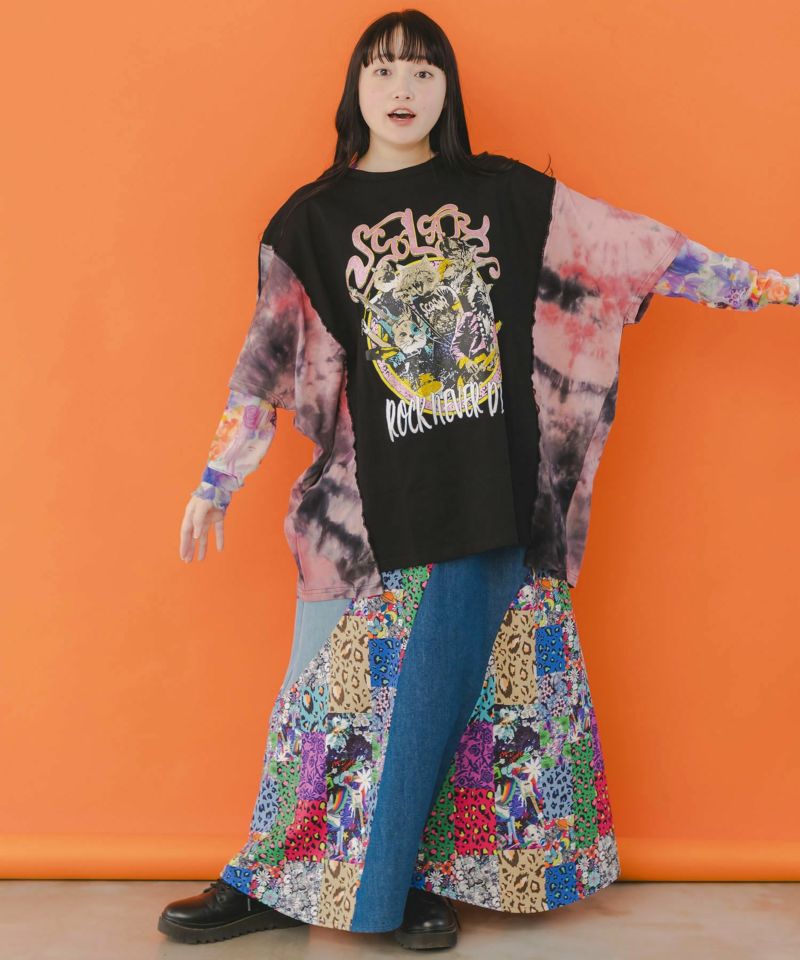 花・ヒョウパッチワーク風 2柄展開 デニム切替スカート-2
