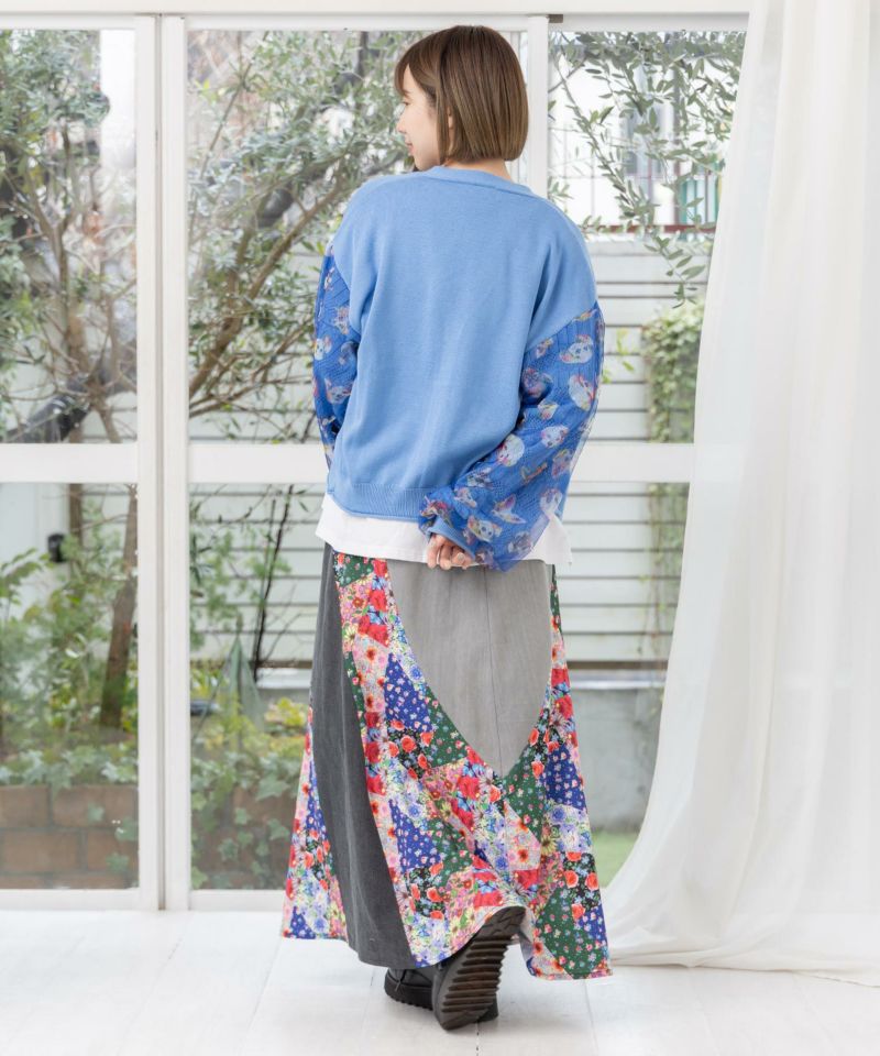 花・ヒョウパッチワーク風 2柄展開 デニム切替スカート-16
