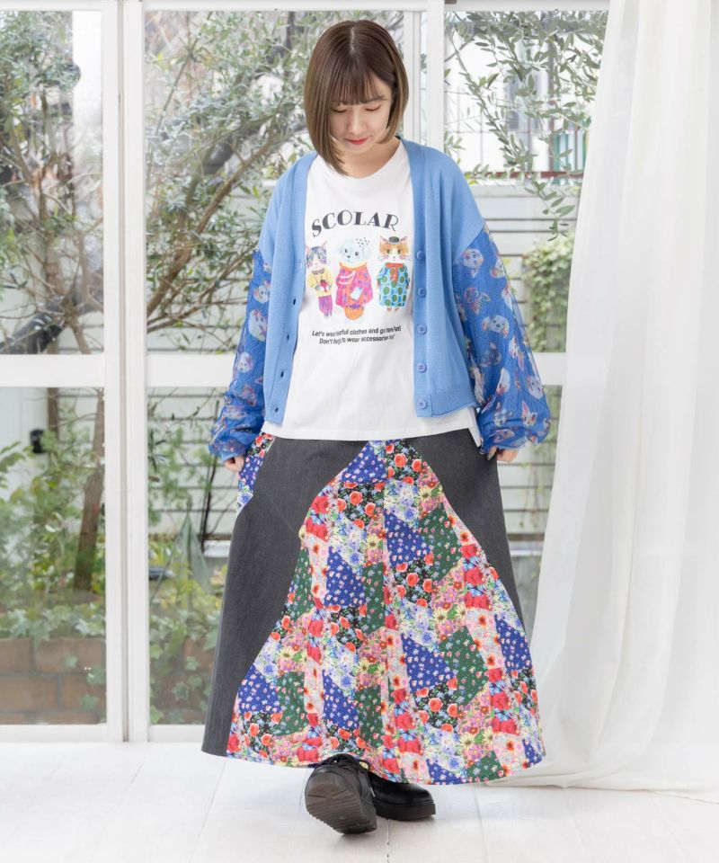花・ヒョウパッチワーク風 2柄展開 デニム切替スカート-17