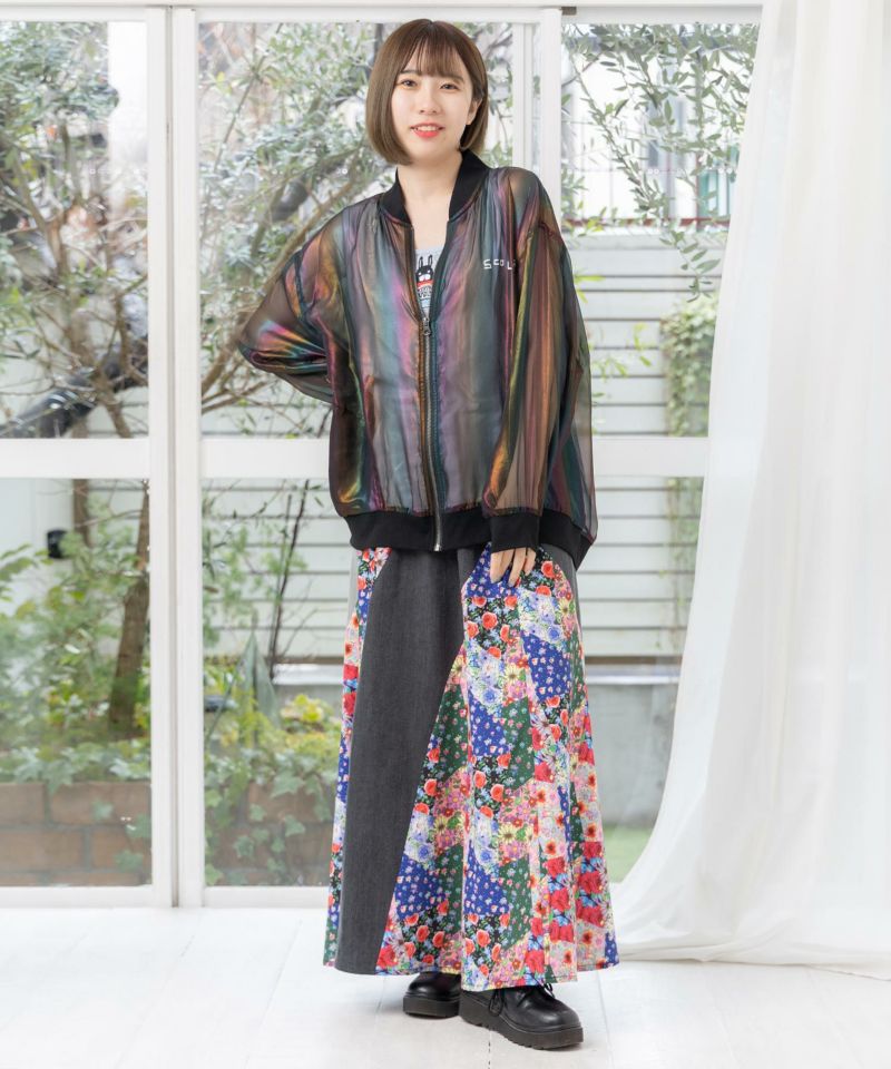 花・ヒョウパッチワーク風 2柄展開 デニム切替スカート-19