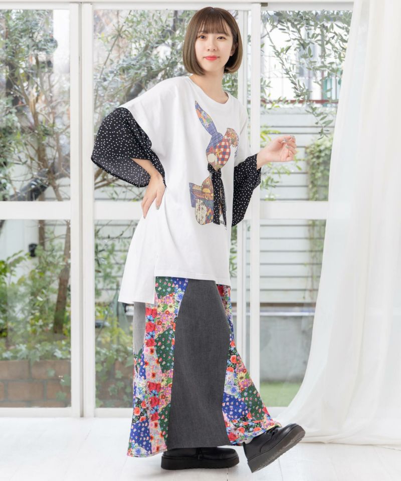 花・ヒョウパッチワーク風 2柄展開 デニム切替スカート-20