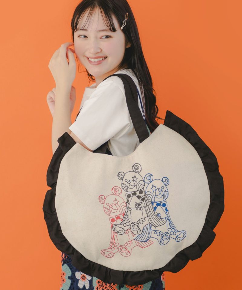 クマのぬいぐるみ柄 フリルラウンドバッグ-3
