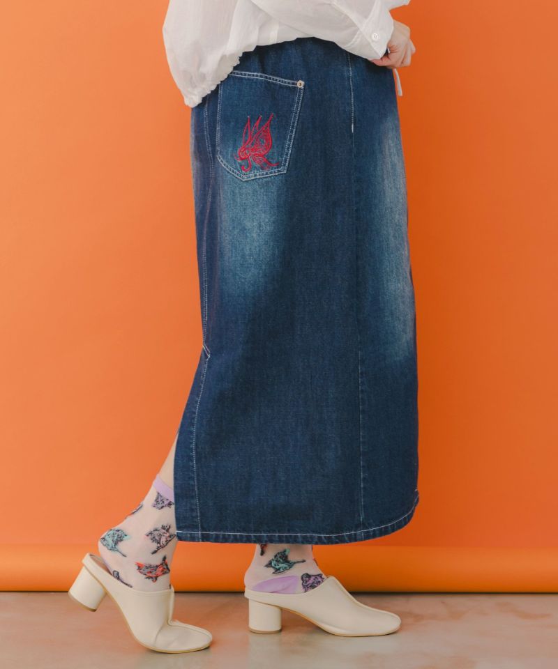 ニム×メッシュプリーツ切替 刺繍入りスカート-3