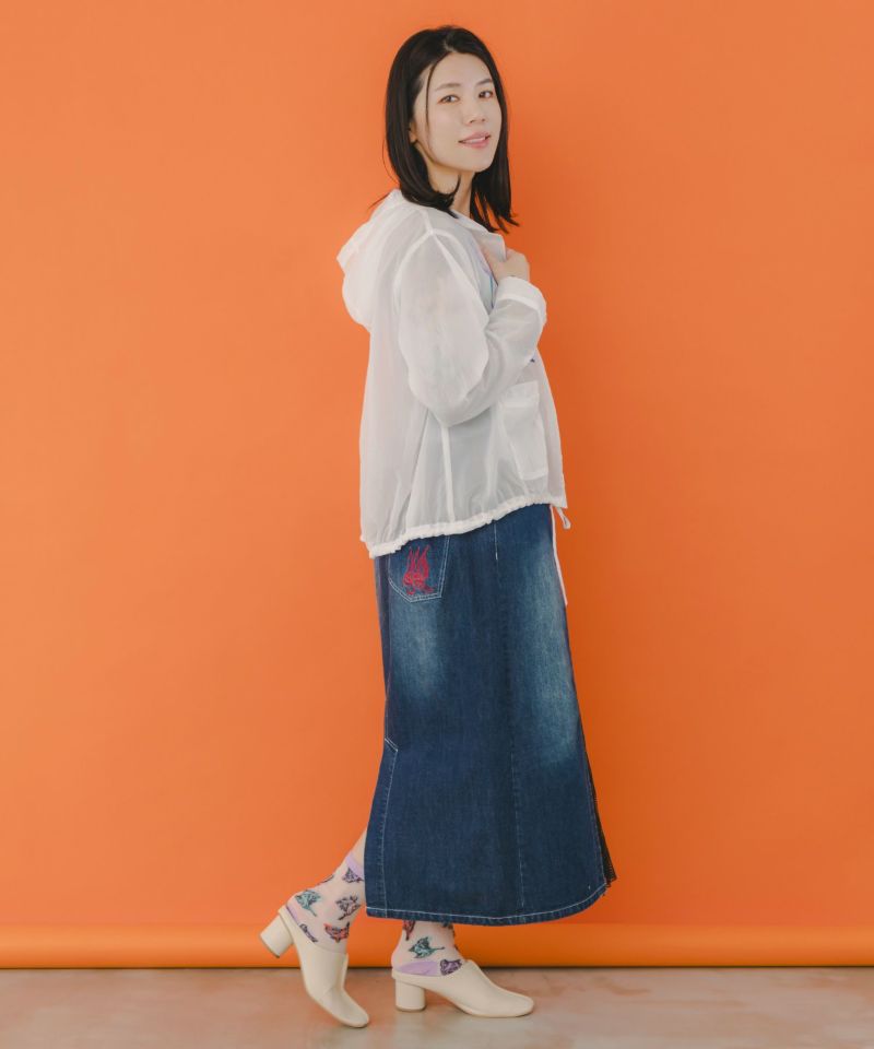ニム×メッシュプリーツ切替 刺繍入りスカート-4