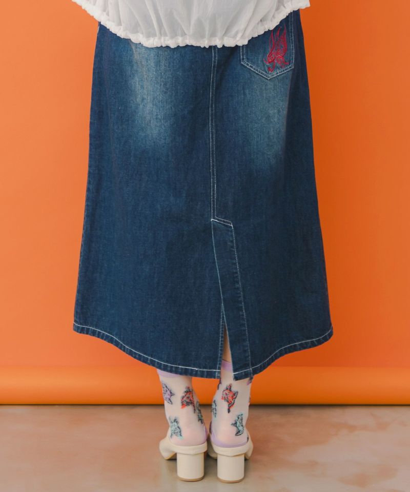 ニム×メッシュプリーツ切替 刺繍入りスカート-6