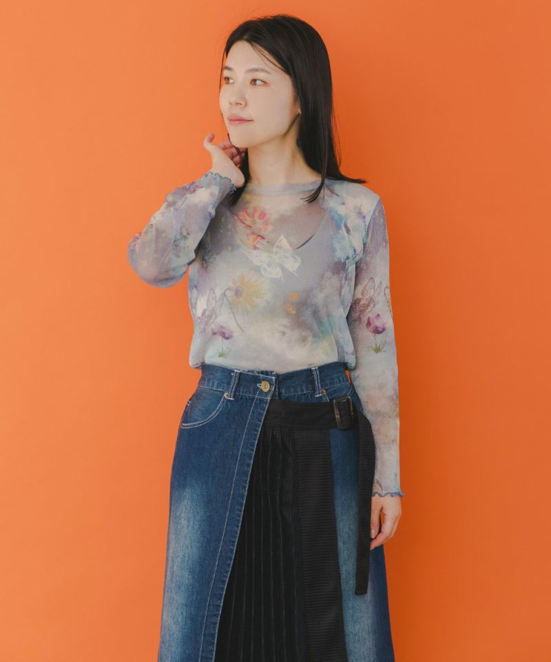 ニム×メッシュプリーツ切替 刺繍入りスカート-8