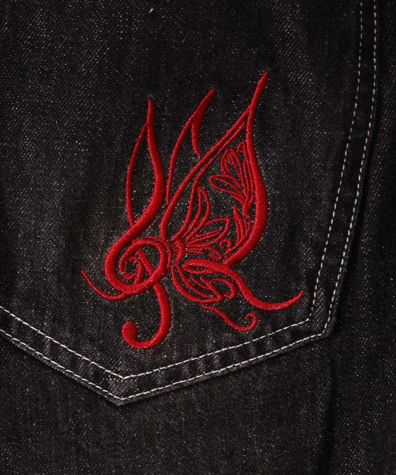 ニム×メッシュプリーツ切替 刺繍入りスカート-19