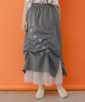 蝶柄プリント メッシュ切替ドロストスカート-1