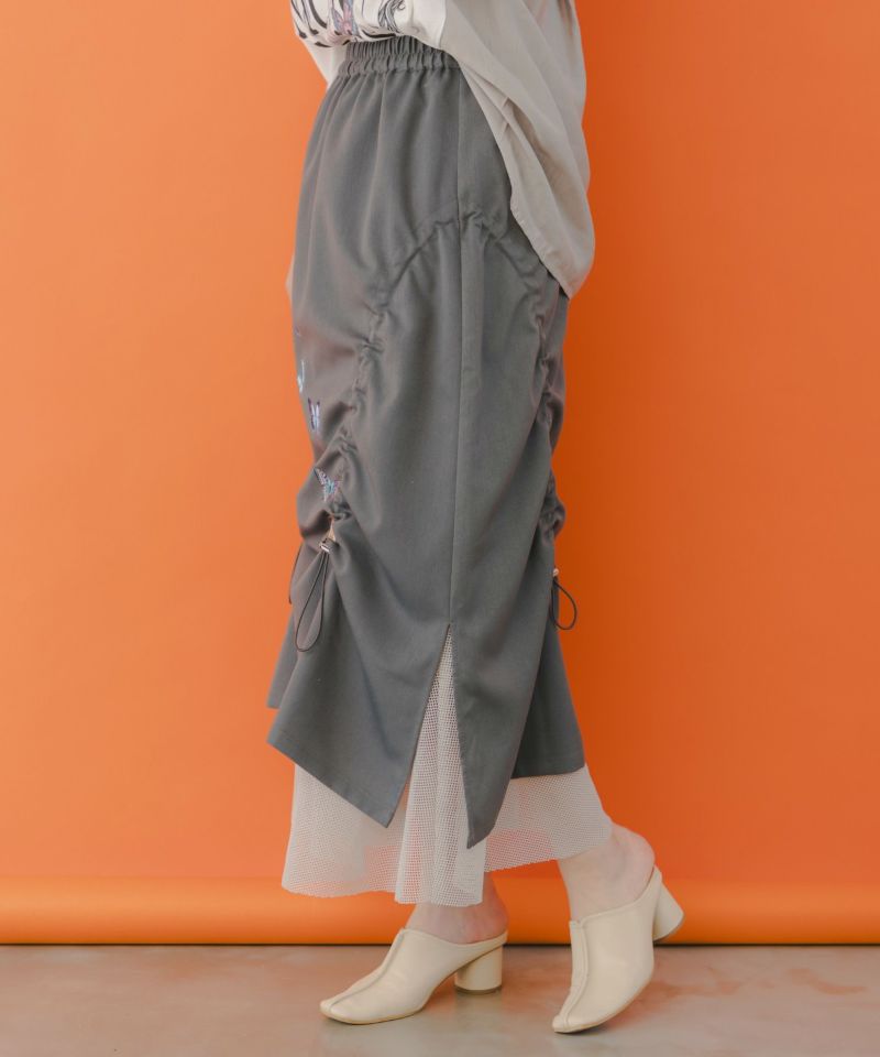 蝶柄プリント メッシュ切替ドロストスカート-3